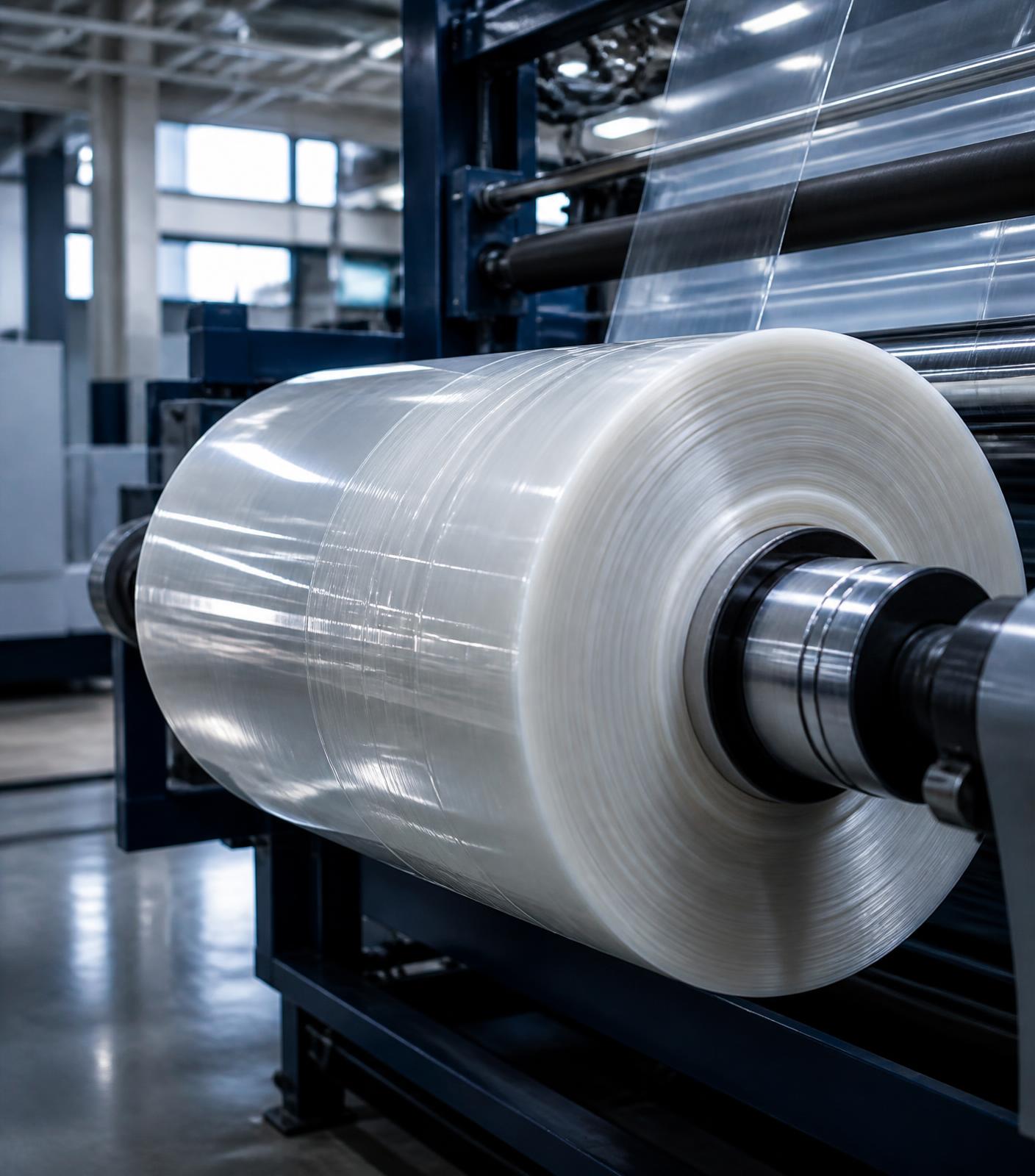 Large roll of transparent flexible packaging film on a production line