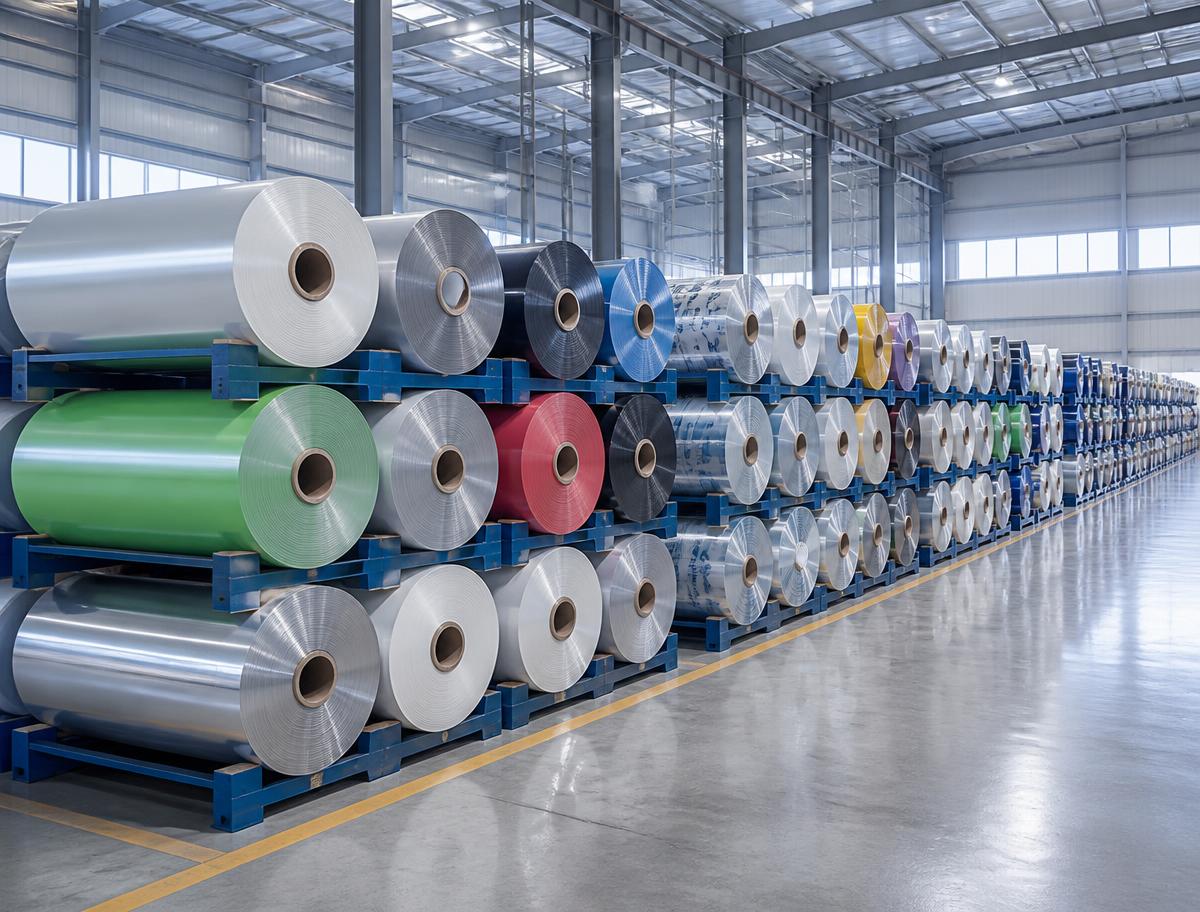 Finished flexible packaging film rolls stacked in a factory warehouse